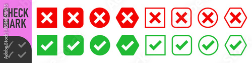 check mark icon button set. check box icon with right and wrong buttons and yes or no checkmark icons in green tick box and red cross. vector illustration