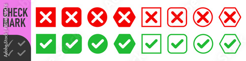 check mark icon button set. check box icon with right and wrong buttons and yes or no checkmark icons in green tick box and red cross. vector illustration
