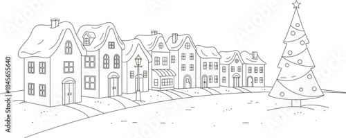 Winter village illustration with snow covered houses and christmas tree in monochrome style