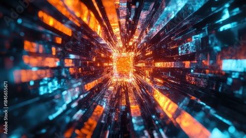 Fototapeta Naklejka Na Ścianę i Meble -  Digital tunnel features illuminated orange and blue light patterns creating a high speed data flow and representing advanced cyberspace connection concepts