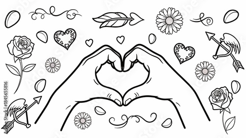 Hands forming a heart shape surrounded by decorative elements and flowers in a simple line art illustration