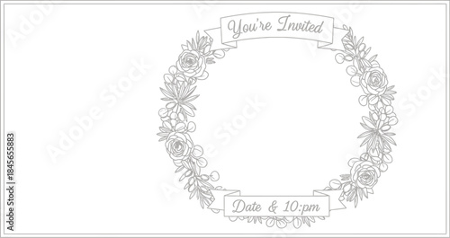 Elegant floral wreath invitation template with roses and banner for custom text