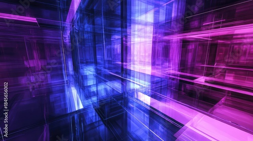 Fototapeta Naklejka Na Ścianę i Meble -  Abstract 3d rendering depicts interconnected transparent glass structures forming a complex network, symbolizing data, technology, cyberspace, and innovation with glowing blue and purple light