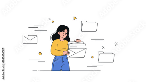 Young asian female holding envelope among floating folders
