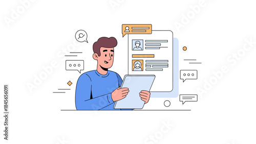 Young caucasian male using tablet for online communication and profile management