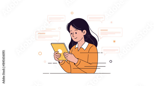 Young asian female using tablet with social media chat bubbles