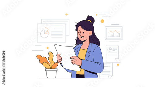Young asian female analyzing documents in office environment with charts