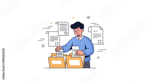 Asian male adult organizing documents in folders with floating papers in background