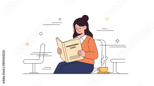 Young female reading management guide with coffee in modern setting