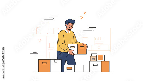 Young adult male organizing cardboard boxes in a room