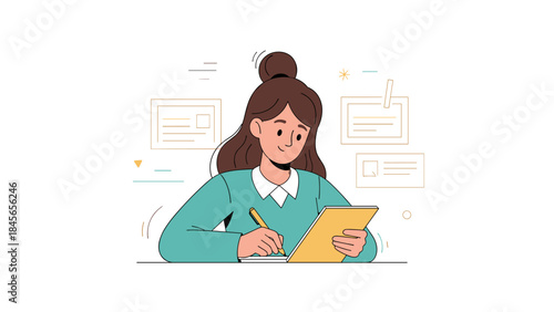 Young caucasian female writing on tablet in creative workspace