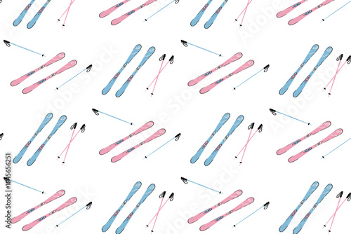 Repeating winter sports motif with skis and poles arranged in a rhythmic layout. Hand-drawn vector pattern for surface design, packaging accents and seasonal visual branding.