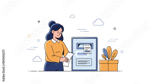 Asian female young adult retrieves document from digital kiosk