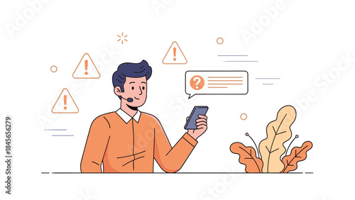 Young caucasian male customer support agent with headset using smartphone