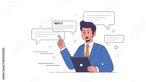 Male customer support representative with laptop and headset answering queries