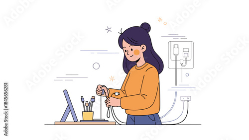 Asian female adult organizing cables at desk with electronics and accessories