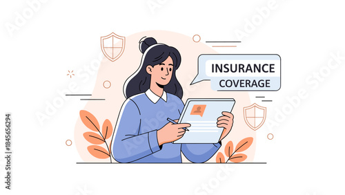 Young asian female analyzing insurance coverage on tablet with shield icons in background