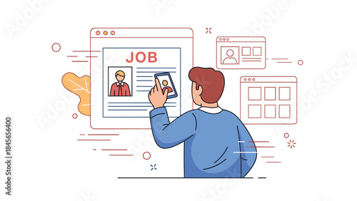 Male job seeker reviewing online listings on computer screen