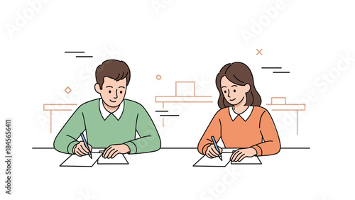 Young caucasian male and female writing papers in classroom setting
