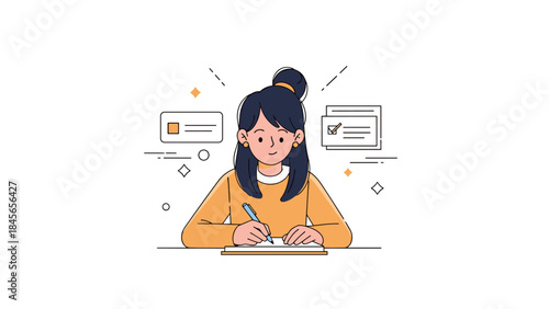 Young asian female writing at desk with floating icons