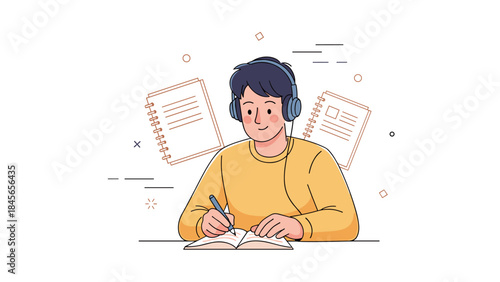 Young asian male listening to music and writing in notebook