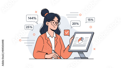 Asian female analyst reviewing statistics on computer monitor