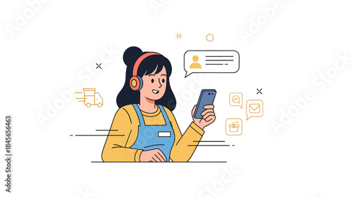 Asian female customer service representative using smartphone with headphones