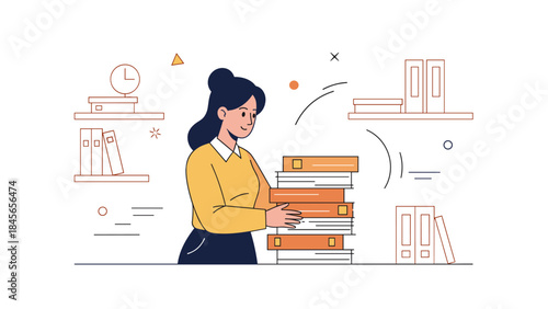 Asian female adult organizing books in library with shelves and clock in background