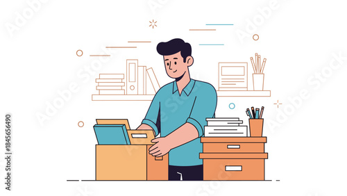 Young caucasian male organizing office documents in a home workspace