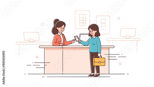 Two female adults at reception desk exchanging business card in office setting