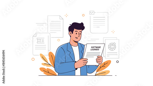 Young caucasian male analyzing software licenses in office setting