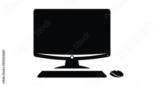 Black computer monitor and mouse silhouette on transparent background