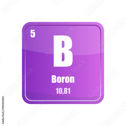 Boron chemical element tile. Atomic number five. B sign Vector icon. Purple violet square shape.