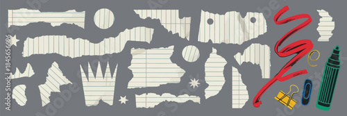 Torn Paper Pieces Set, vintage blue grid texture, school and stationery themed paper cutouts, doodles for creative collage, modern retro vector illustration, mixed media design elements.