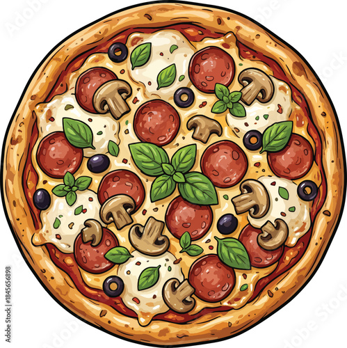 Delicious pepperoni and mushroom pizza with olives and basil leaves