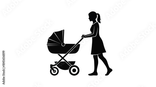 Mother pushing a baby stroller simple design on transparent background silhouette