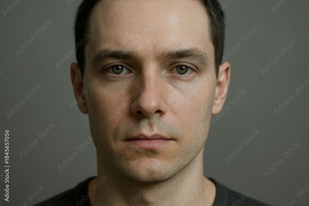 Naklejka premium Photorealistic human face with neutral expression, soft studio lighting, artificial intelligence suggested through subtle digital micro-patterns integrated into the skin texture