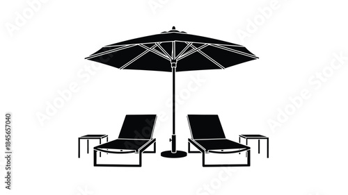 Black beach umbrella with lounge chairs a relaxing summer scene on transparent background silhouette