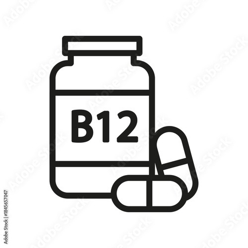 Vitamin B12 bottle. Nutritional supplement pills. Health care Vector product. Medical remedy symbol.