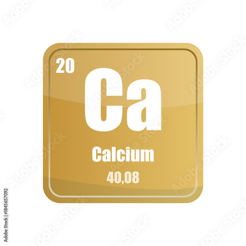 Calcium chemical element tile. Atomic number twenty. Ca sign Vector icon. Gold yellow square shape.