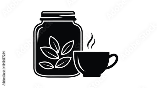 A black silhouette of tea in a jar with a cup on transparent background