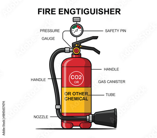 Vector Illustration of Fire Extinguisher Cutaway, showing internal components, firefighting safety device, detailed technical diagram