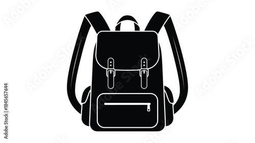 Black backpack illustration with buckles and pocket on transparent background silhouette
