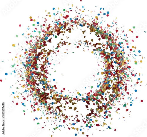 Colorful confetti circle floating against a dark background for festive designs