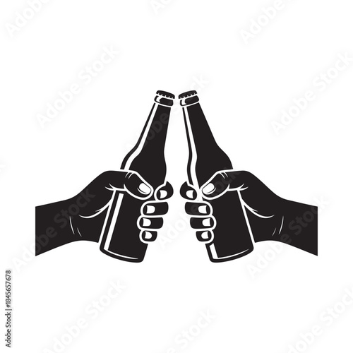 Two hands clinking beer bottles together in a celebratory gesture