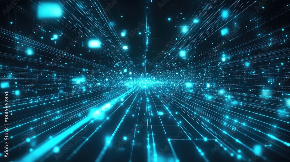 Fototapeta premium Digital data streams are moving rapidly across a vast abstract network, featuring glowing lines and shimmering particles symbolizing global connection and advanced technology concepts
