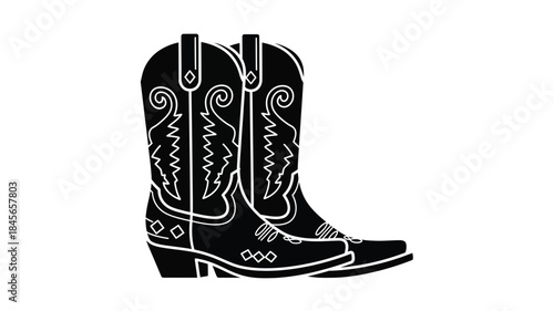 Detailed black cowboy boot illustration on transparent background silhouette