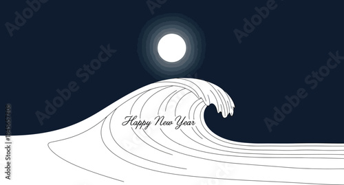 Minimalist happy new year illustration with wave and moon on a dark blue sky