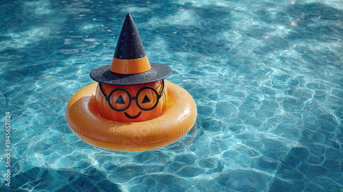 A whimsical orange creature floating in a pool, wearing a witch hat and glasses. The water shimmers, creating a playful and inviting scene. 