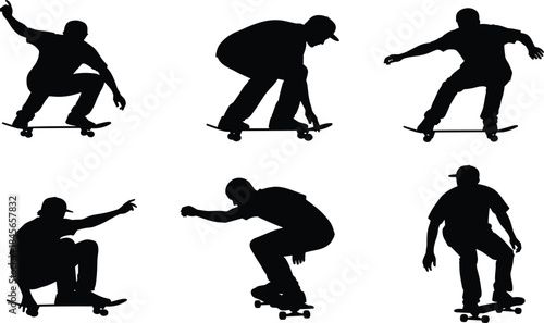 Black Silhouette Vector Set of Motocross and Dirt Bike Riders Performing Extreme Stunts and Freestyle Tricks with Helmet and Goggles for Action Sports Graphic Design.